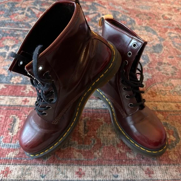 Dr. Martens Cherry Red Boots with Yellow Stitching - Picture 2 of 6